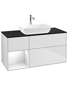 Villeroy und Boch Finion Villeroy und Boch G822GFMT 120cm, plaque de finition noir mat, Emotion, étagères laqué blanc brillant, laqué blanc mat