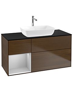 Villeroy und Boch Finion Waschtischunterschrank G822GJGN 120cm, Abdeckplatte black matt, Emotion, Regale Light grey matt lacquer, Walnut veneer