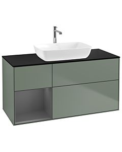 Villeroy und Boch Finion Waschtischunterschrank G822GKGM 120cm, Abdeckplatte black matt, Emotion, Regale Anthracite matt lacquer, Olive Matt Lacquer
