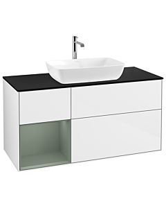 Villeroy und Boch Finion Villeroy und Boch G822GMGF 120cm, plaque de finition noir mat, Emotion, étagères laqué olive mat, laqué blanc brillant