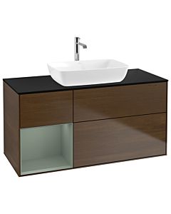 Villeroy und Boch Finion Waschtischunterschrank G822GMGN 120cm, Abdeckplatte black matt, Emotion, Regale Olive matt lacquer, Walnut veneer