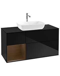 Villeroy und Boch Finion Waschtischunterschrank G822GNPH 120cm, Abdeckplatte black matt, Emotion, Regale Walnut Veneer, Glossy Black Lacquer