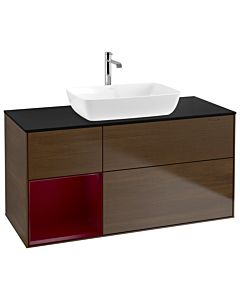 Villeroy und Boch Finion Waschtischunterschrank G822HBGN 120cm, Abdeckplatte black matt, Emotion, Regale Peony matt lacquer, Walnut veneer