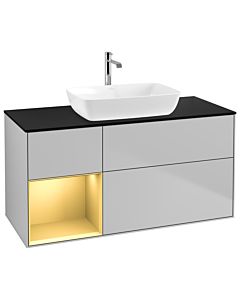 Villeroy und Boch Finion Villeroy und Boch G822HFGJ 120cm, plaque de recouvrement noir mat, Emotion, étagères laqué or mat, gris clair mat