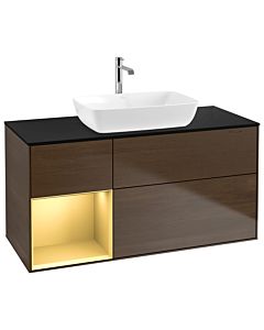 Villeroy und Boch Finion Villeroy und Boch G822HFGN 120cm, plaque de finition noir mat, Emotion, étagères laqué or mat, placage noyer