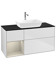 Villeroy und Boch Finion Waschtischunterschrank G822HHMT 120cm, Abdeckplatte black matt, Emotion, Regale sand matt lacquer, White matt lacquer