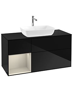 Villeroy und Boch Finion Waschtischunterschrank G822HHPH 120cm, Abdeckplatte black matt, Emotion, Regale sand matt lacquer, Glossy Black Lacquer