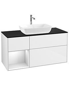 Villeroy und Boch Finion Villeroy und Boch G822MTGF 120cm, plaque de finition noir mat, Emotion, étagères laqué blanc mat, laqué blanc brillant