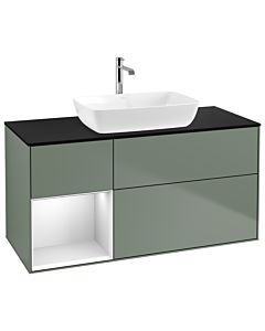 Villeroy und Boch Finion Waschtischunterschrank G822MTGM 120cm, Abdeckplatte black matt, Emotion, Regale White matt lacquer, Olive Matt Lacquer
