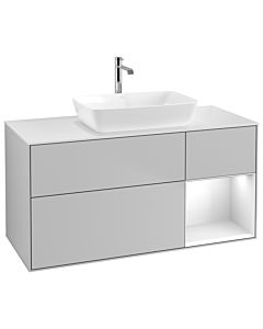 Villeroy und Boch Finion Villeroy und Boch G831GFGJ 120cm, plaque de finition blanc mat, Emotion, étagères laqué blanc brillant, gris clair mat