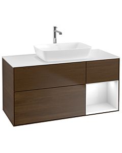 Villeroy und Boch Finion Villeroy und Boch G831GFGN 120cm, plaque de finition blanc mat, émotion, étagères laqué blanc brillant, placage noyer