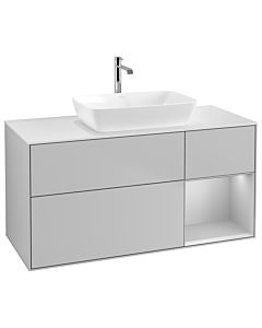 Villeroy und Boch Finion Villeroy und Boch G831GJGJ 120cm, plaque de finition blanc mat, Emotion, étagères laqué gris clair mat, gris clair mat