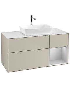 Villeroy und Boch Finion Villeroy und Boch G831GJHH 120cm, plaque de finition blanc mat, Emotion, étagères laqué gris clair mat, Sand Matt Lacquer