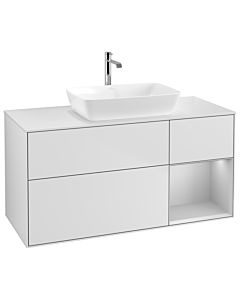 Villeroy und Boch Finion Waschtischunterschrank G831GJMT 120cm, Abdeckplatte white matt, Emotion, Regale Light grey matt lacquer, White matt lacquer