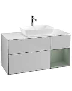 Villeroy und Boch Finion Villeroy und Boch G831GMGJ 120cm, plaque de recouvrement blanc mat, Emotion, étagères laqué olive mat, gris clair mat