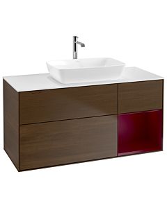 Villeroy und Boch Finion Waschtischunterschrank G831HBGN 120cm, Abdeckplatte white matt, Emotion, Regale Peony matt lacquer, Walnut veneer