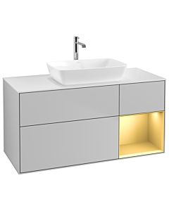 Villeroy und Boch Finion Villeroy und Boch G831HFGJ 120cm, plaque de recouvrement blanc mat, Emotion, étagères laqué or mat, gris clair mat