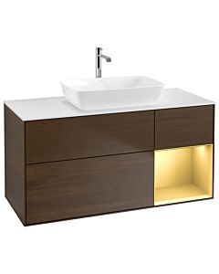 Villeroy und Boch Finion Waschtischunterschrank G831HFGN 120cm, Abdeckplatte white matt, Emotion, Regale Gold matt lacquer, Walnut veneer