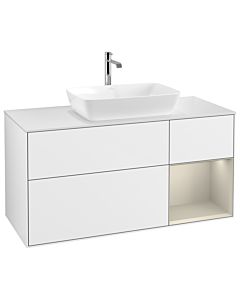 Villeroy und Boch Finion Waschtischunterschrank G831HHGF 120cm, Abdeckplatte white matt, Emotion, Regale sand matt lacquer, Glossy white lacquer