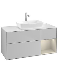 Villeroy und Boch Finion Villeroy und Boch G831HHGJ 120cm, plaque de recouvrement blanc mat, Emotion, étagères laqué sable sable, gris clair mat