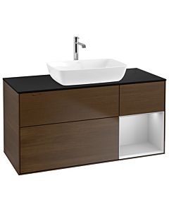 Villeroy und Boch Finion Waschtischunterschrank G832GJGN 120cm, Abdeckplatte black matt, Emotion, Regale Light grey matt lacquer, Walnut veneer