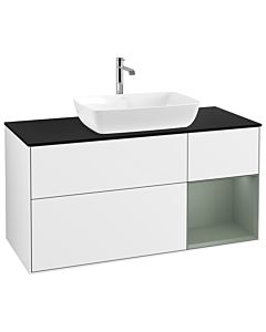 Villeroy und Boch Finion Waschtischunterschrank G832GMGF 120cm, Abdeckplatte black matt, Emotion, Regale Olive matt lacquer, Glossy white lacquer