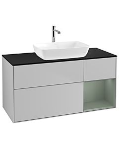 Villeroy und Boch Finion Waschtischunterschrank G832GMGJ 120cm, Abdeckplatte black matt, Emotion, Regale Olive matt lacquer, Light grey matt