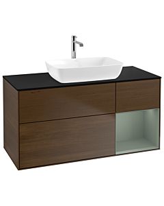 Villeroy und Boch Finion Waschtischunterschrank G832GMGN 120cm, Abdeckplatte black matt, Emotion, Regale Olive matt lacquer, Walnut veneer