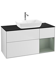 Villeroy und Boch Finion Villeroy und Boch G832GMMT 120cm, plaque de finition noir mat, Emotion, étagères laqué mat olive, laqué mat blanc