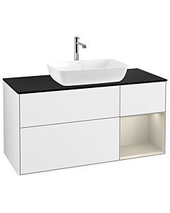 Villeroy und Boch Finion Villeroy und Boch G832HHGF 120cm, plaque de finition noir mat, Emotion, étagères laqué sable mat, laqué blanc brillant