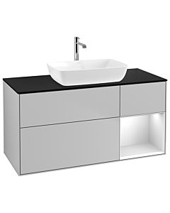 Villeroy und Boch Finion Waschtischunterschrank G832MTGJ 120cm, Abdeckplatte black matt, Emotion, Regale White matt lacquer, Light grey matt