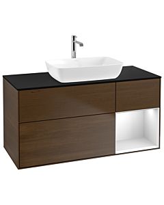Villeroy und Boch Finion Waschtischunterschrank G832MTGN 120cm, Abdeckplatte black matt, Emotion, Regale White matt lacquer, Walnut veneer