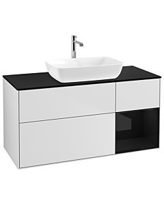 Villeroy und Boch Finion Waschtischunterschrank G832PHMT 120cm, Abdeckplatte black matt, Emotion, Regale Glossy black lacquer, White matt lacquer