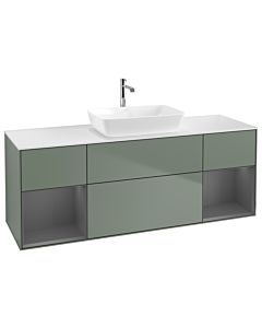 Villeroy und Boch Finion Waschtischunterschrank G861GKGM 160cm, Abdeckplatte white matt, Emotion, Regale Anthracite matt lacquer, Olive Matt Lacquer