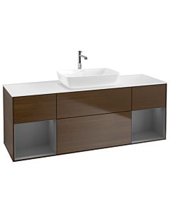 Villeroy und Boch Finion Waschtischunterschrank G861GKGN 160cm, Abdeckplatte white matt, Emotion, Regale Anthracite matt lacquer, Walnut veneer