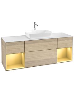 Villeroy und Boch Finion Waschtischunterschrank G861HFPC 160cm, Abdeckplatte white matt, Emotion, Regale Gold matt lacquer, Oak Veneer