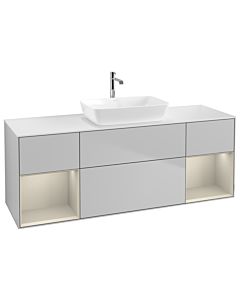 Villeroy und Boch Finion Villeroy und Boch G861HHGJ 160cm, plaque de recouvrement blanc mat, Emotion, étagères laqué sable sable, gris clair mat