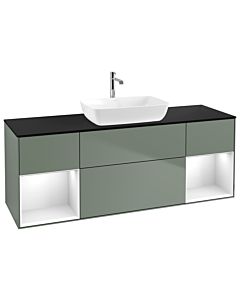 Villeroy und Boch Finion Waschtischunterschrank G862GFGM 160cm, Abdeckplatte black matt, Emotion, Regale Glossy white lacquer, Olive Matt Lacquer