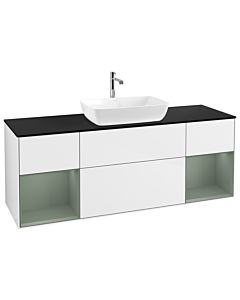 Villeroy und Boch Finion Waschtischunterschrank G862GMGF 160cm, Abdeckplatte black matt, Emotion, Regale Olive matt lacquer, Glossy white lacquer