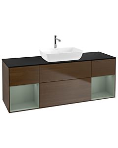 Villeroy und Boch Finion Waschtischunterschrank G862GMGN 160cm, Abdeckplatte black matt, Emotion, Regale Olive matt lacquer, Walnut veneer