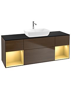 Villeroy und Boch Finion Waschtischunterschrank G862HFGN 160cm, Abdeckplatte black matt, Emotion, Regale Gold matt lacquer, Walnut veneer