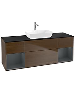 Villeroy und Boch Finion Waschtischunterschrank G862HGGN 160cm, Abdeckplatte black matt, Emotion, Regale Midnight matt lacquer, Walnut veneer