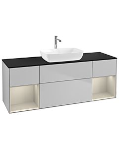 Villeroy und Boch Finion Waschtischunterschrank G862HHGJ 160cm, Abdeckplatte black matt, Emotion, Regale sand matt lacquer, Light grey matt