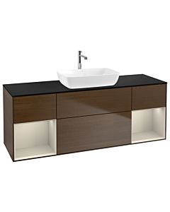 Villeroy und Boch Finion Waschtischunterschrank G862HHGN 160cm, Abdeckplatte black matt, Emotion, Regale sand matt lacquer, Walnut veneer