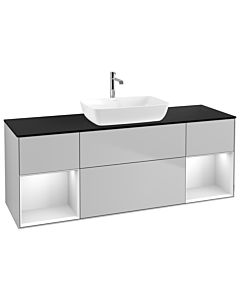 Villeroy und Boch Finion Waschtischunterschrank G862MTGJ 160cm, Abdeckplatte black matt, Emotion, Regale White matt lacquer, Light grey matt
