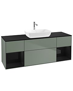 Villeroy und Boch Finion Waschtischunterschrank G862PHGM 160cm, Abdeckplatte black matt, Emotion, Regale Glossy black lacquer, Olive Matt Lacquer