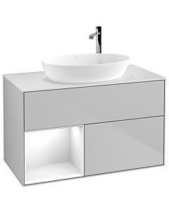 Villeroy und Boch Finion Villeroy und Boch G891GFGJ 100cm, plaque de recouvrement blanc mat, Emotion, étagères laqué blanc brillant, gris clair mat