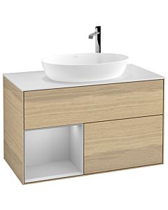 Villeroy und Boch Finion Waschtischunterschrank G891GJPC 100cm, Abdeckplatte white matt, Emotion, Regale Light grey matt lacquer, Oak Veneer