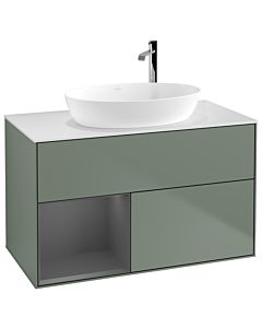Villeroy und Boch Finion Waschtischunterschrank G891GKGM 100cm, Abdeckplatte white matt, Emotion, Regale Anthracite matt lacquer, Olive Matt Lacquer
