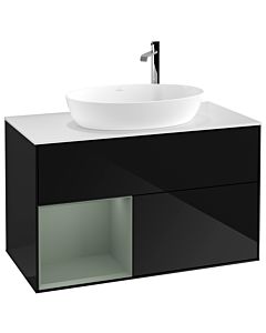 Villeroy und Boch Finion Villeroy und Boch G891GMPH 100cm, plaque de recouvrement blanc mat, Emotion, étagères laqué olive mat, Glossy Black Lacquer